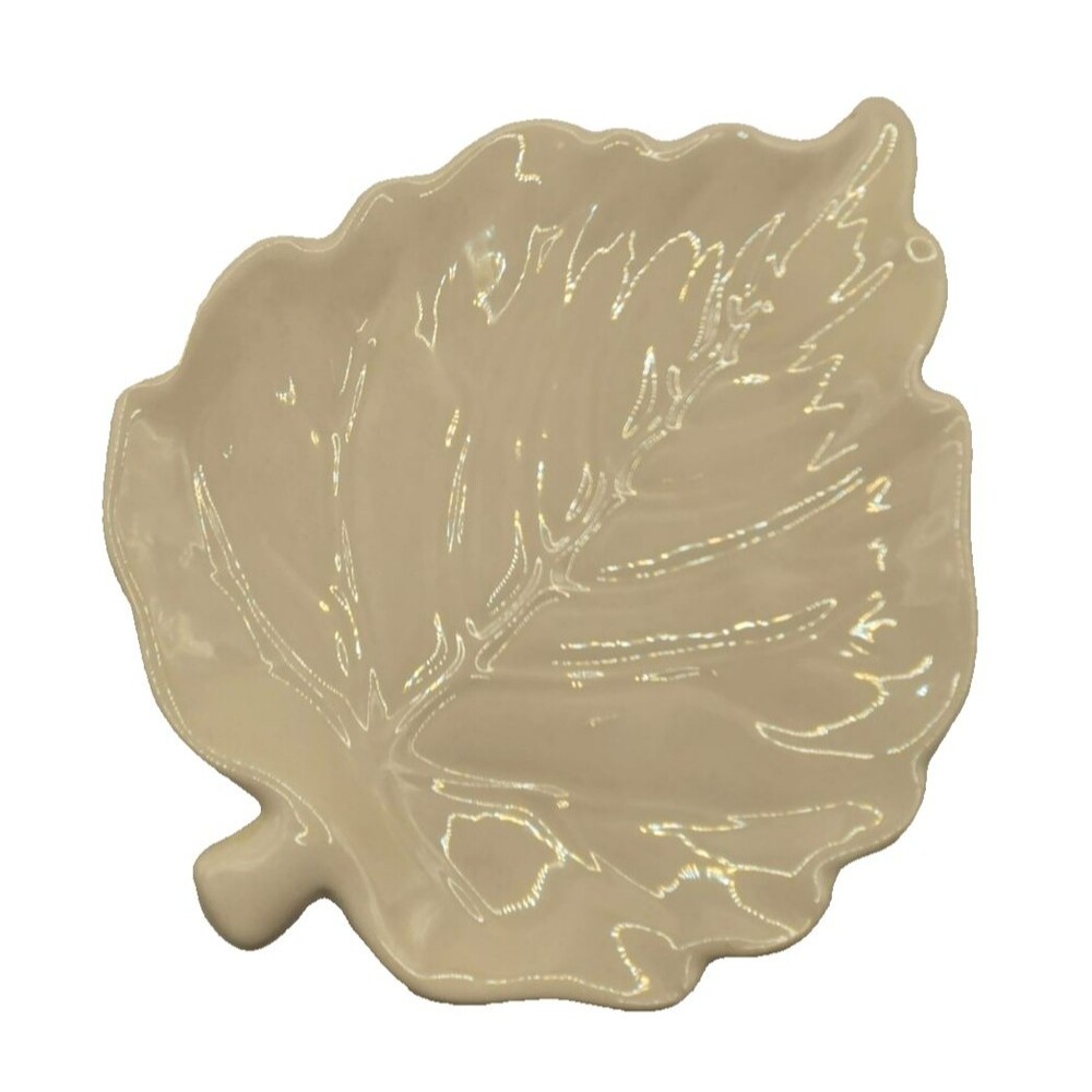 Vintage-Style Cream Glazed Ceramic Leaf Trinket Dish | 8" Decorative Catchall
